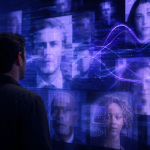 Ilustração de uma pessoa diante de rostos digitais fragmentados, representando deepfakes e inteligência artificial nas eleições