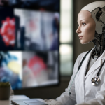 Ilustração editorial de um avatar digital com aparência de médico diante de uma tela de vídeo, sem textos, logotipos ou elementos legíveis