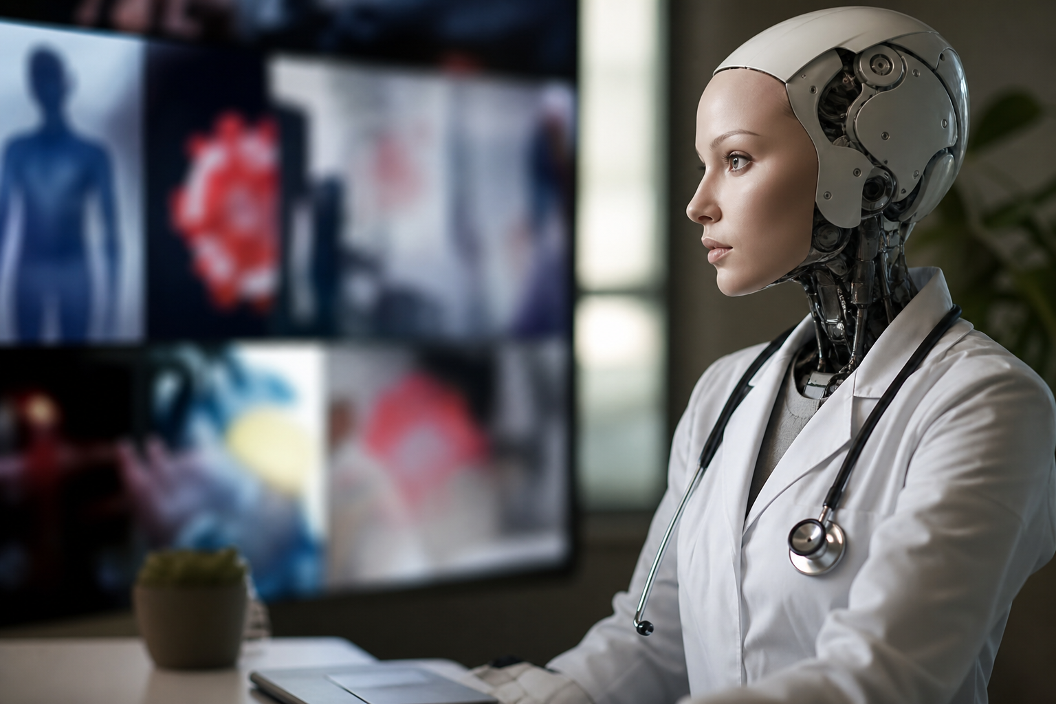Ilustração editorial de um avatar digital com aparência de médico diante de uma tela de vídeo, sem textos, logotipos ou elementos legíveis