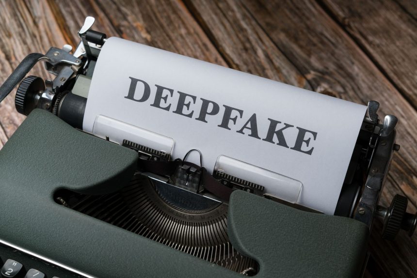 Close de uma máquina de escrever com a palavra “Deepfake” digitada em uma folha de papel.