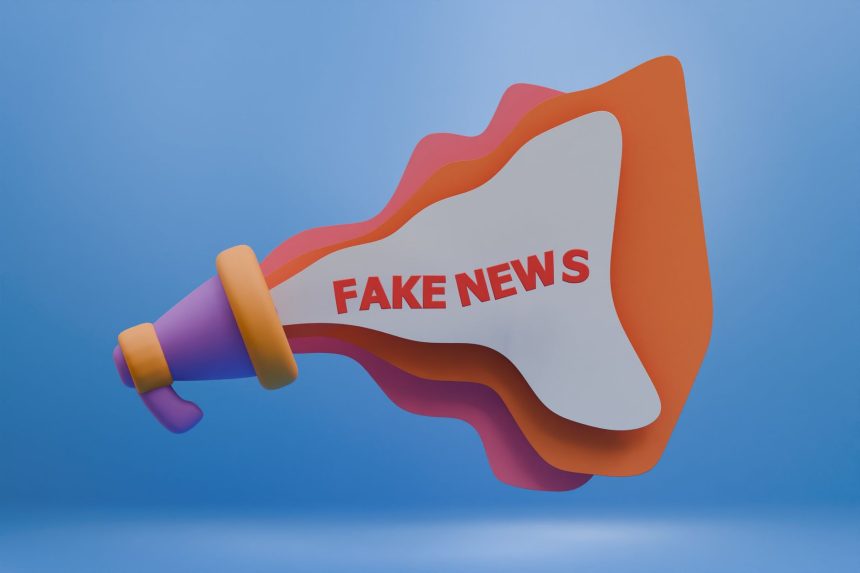 Ilustração 3D de um megafone colorido com a inscrição “Fake News”, simbolizando desinformação nas mídias digitais